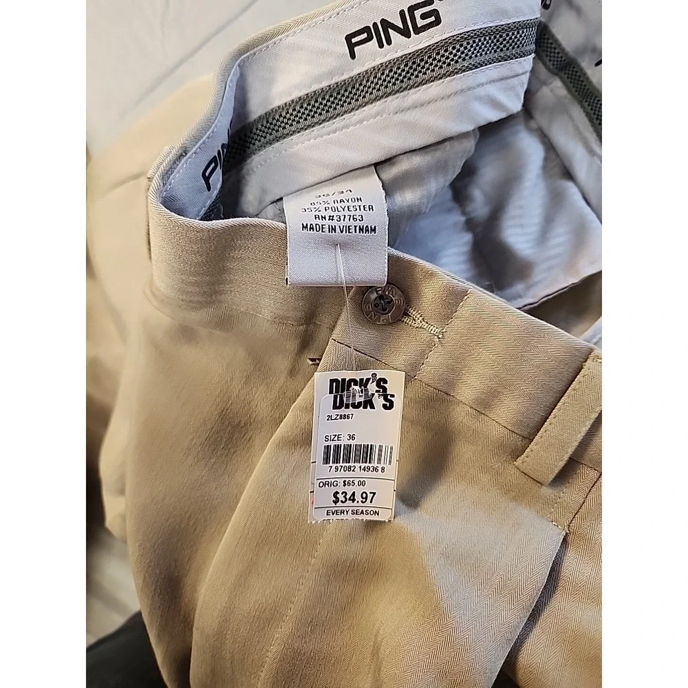 Ping Golf Pants Mens 36x34 Tan Pleated Front Rayon Blend Straight Leg Chino